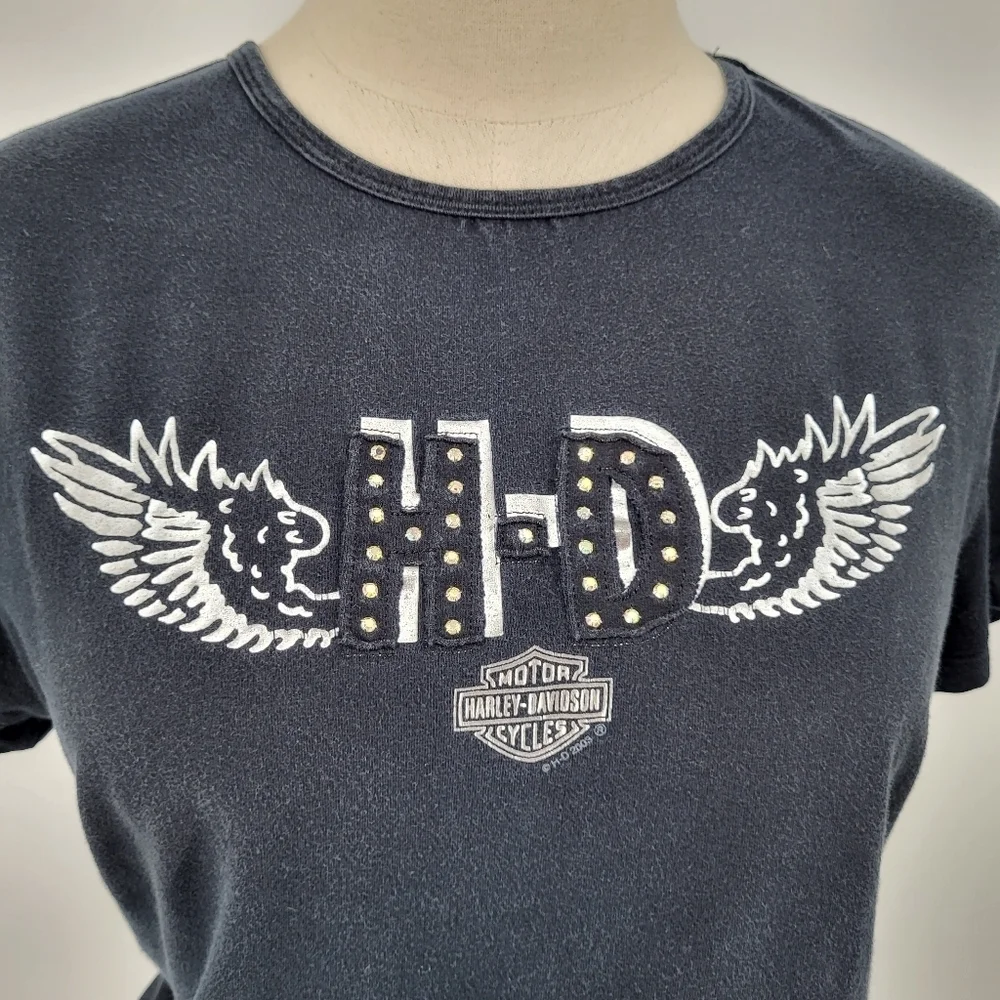 Harley Davidson Baby Tee Short Sleeve Angel Wings Studded Black Large - Picture 4 of 5